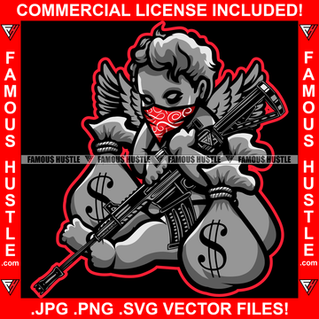 Savage Baby Hustle Gangster Statue Angel Wings Red Face Bandanna Machine Gun Cash Money Bags Body Tattoo Hip Hop Rap Rapper Plug Trap Street Hood Ghetto Thug Boss Drip Art Graphic Design Logo T-Shirt Print Printing JPG PNG SVG Vector Cut File